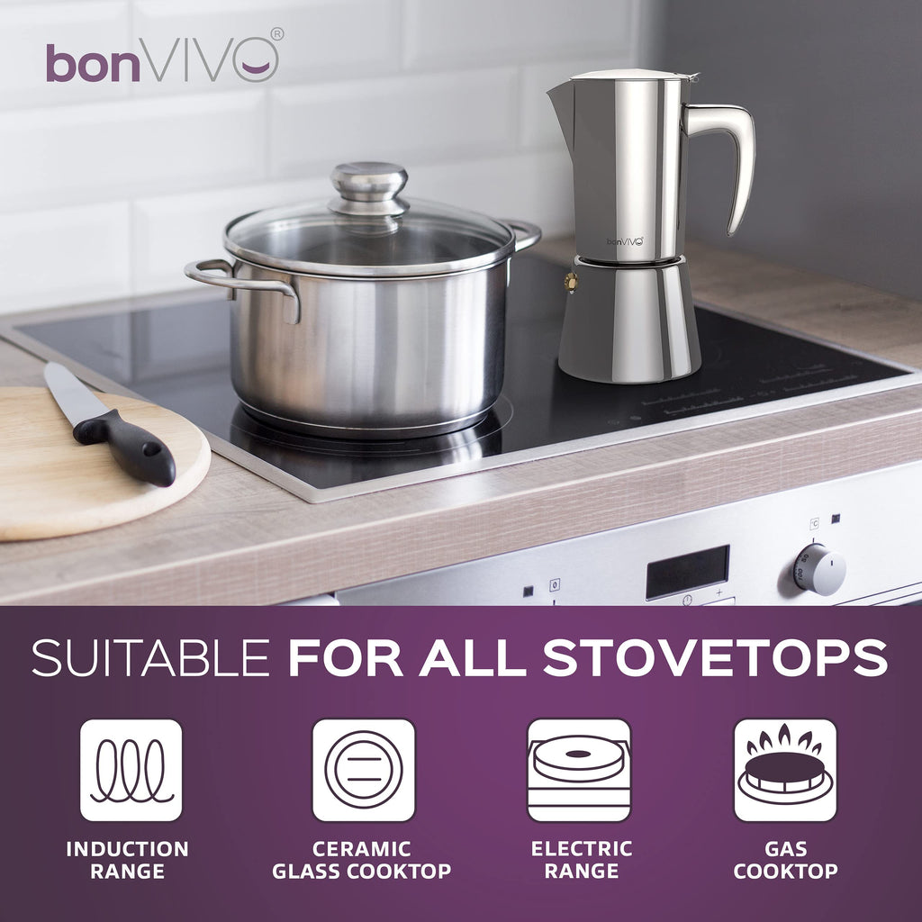 bonVIVO Intenca Moka Pot – 6 Cup Stainless Steel Espresso Maker
