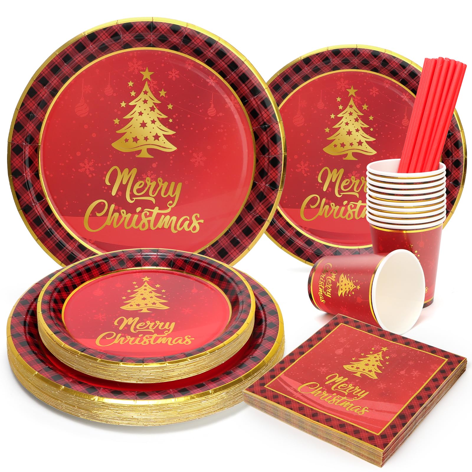125pc Christmas Tableware Set – Tartan Tree Plates & Napkins