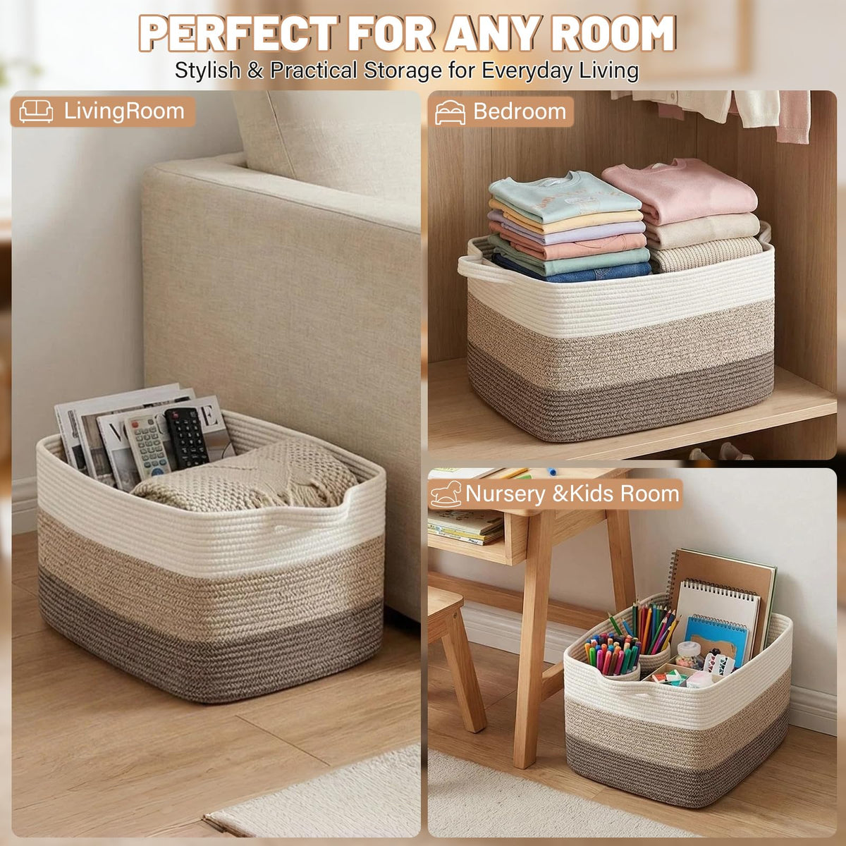 FANGCCC Large Storage Basket 55 x 43 x 30.5 cm, Cotton Rope Blanket Basket with Handles, Woven Storage Basket for Laundry, Clothes and Toy Storage - image 5