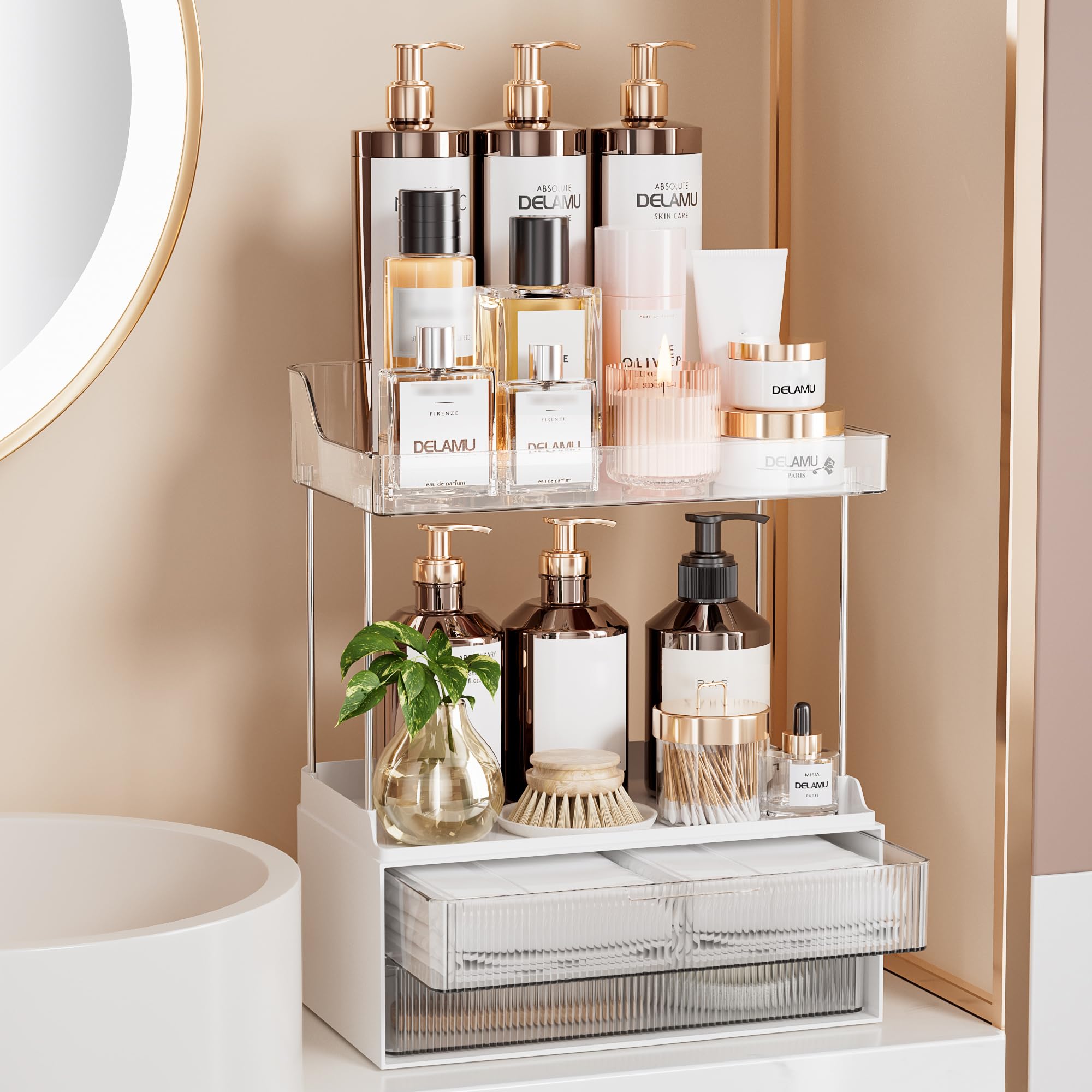 Delamu 2-Tier 2-Drawer Makeup Organiser | Large Clear Vanity Storage