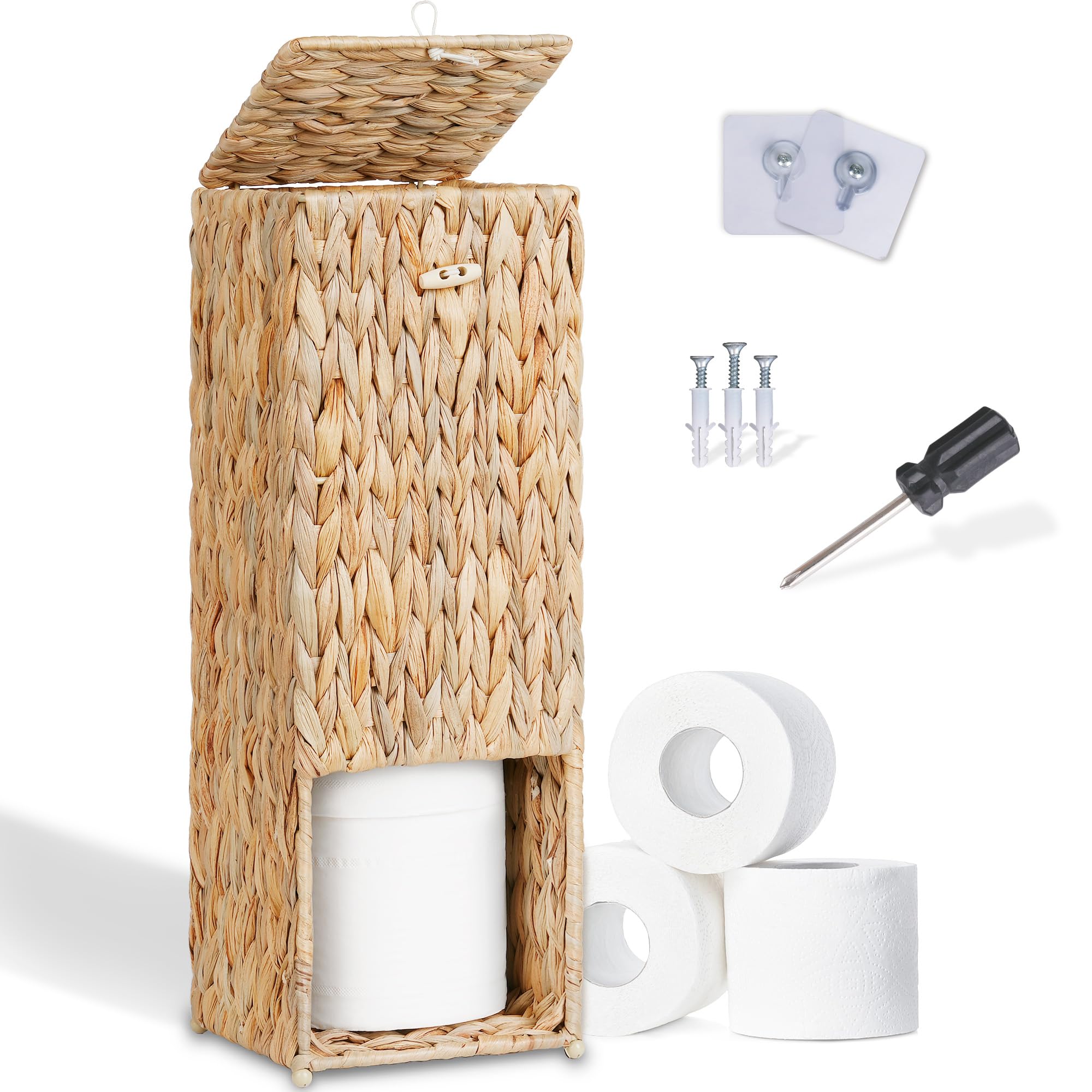 efluky Woven Pumpkin Grass Toilet Paper Storage Basket with Lid – 4 Rolls