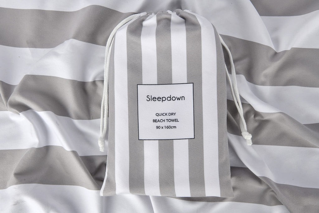 Sleepdown Striped Large Beach Towel Soft Microfiber Absorbent Swimming Pool Travel Camping Bath Sauna Gym Yoga with Bag - Grey - 160 x 90cm