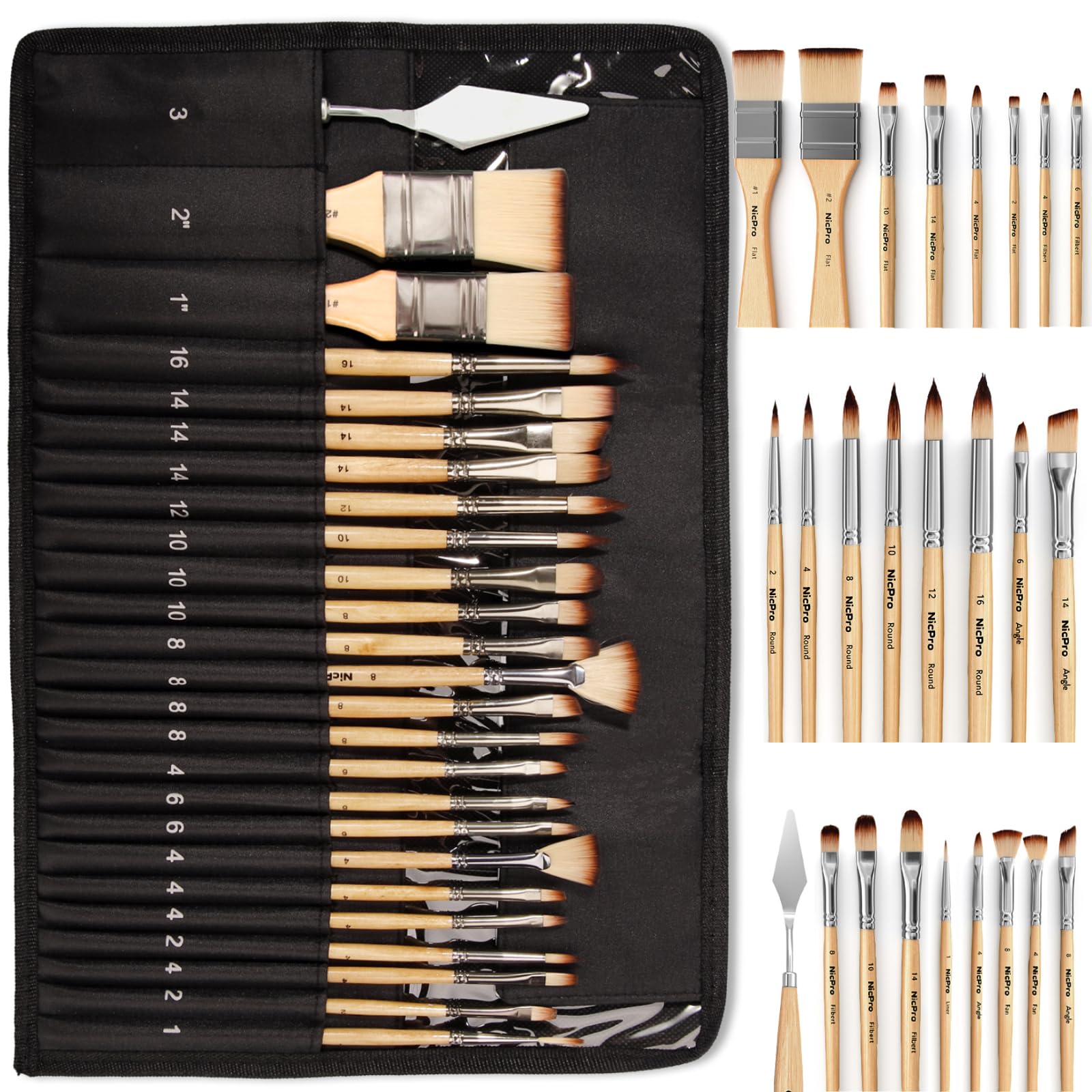Nicpro 26pcs Artist Paint Brush Set with Cloth Roll for Acrylic & Oil