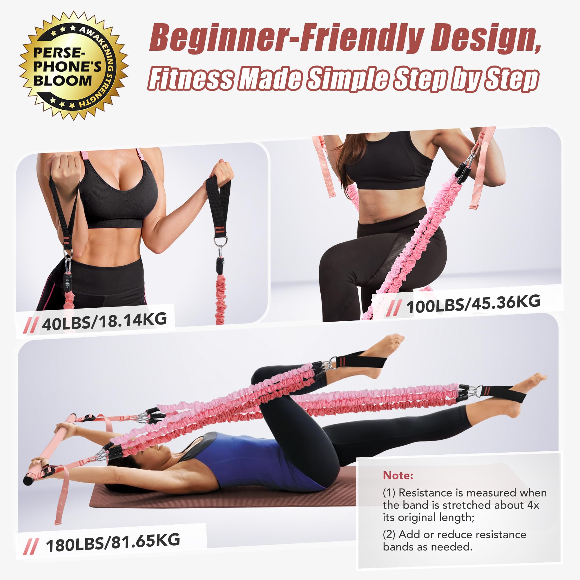 ALongSong Pilates Bar Reformer with 6 Resistance Bands - Coral Pink