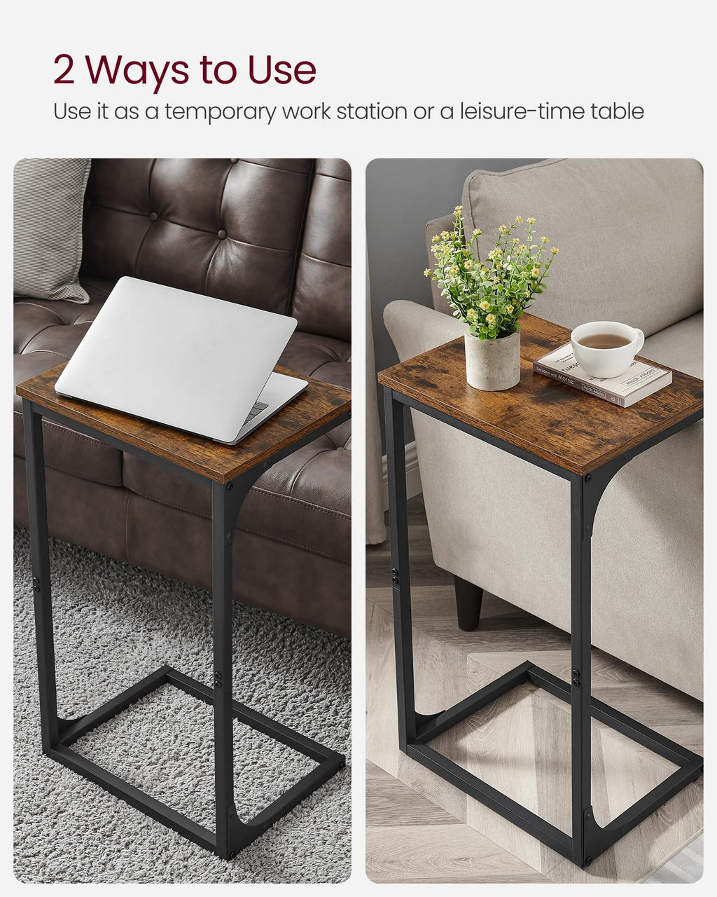 VASAGLE C-Shaped Side Table – Industrial Metal Laptop Desk, Rustic Brown