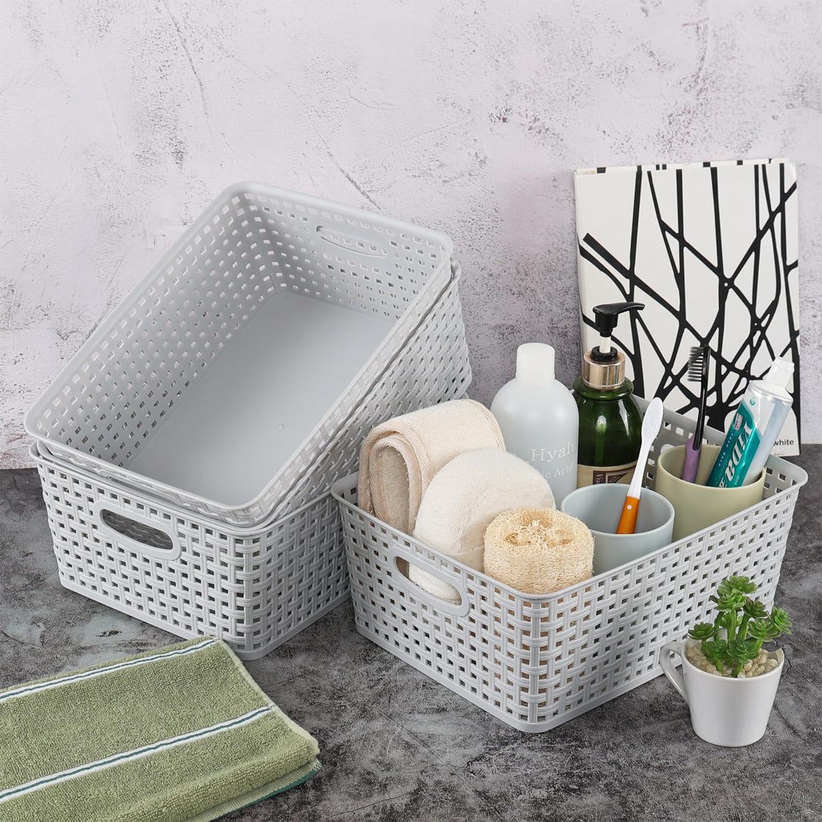Yuright 4 Pack Plastic Woven Storage Baskets for Desktop Shelf, Light Gray - image 3