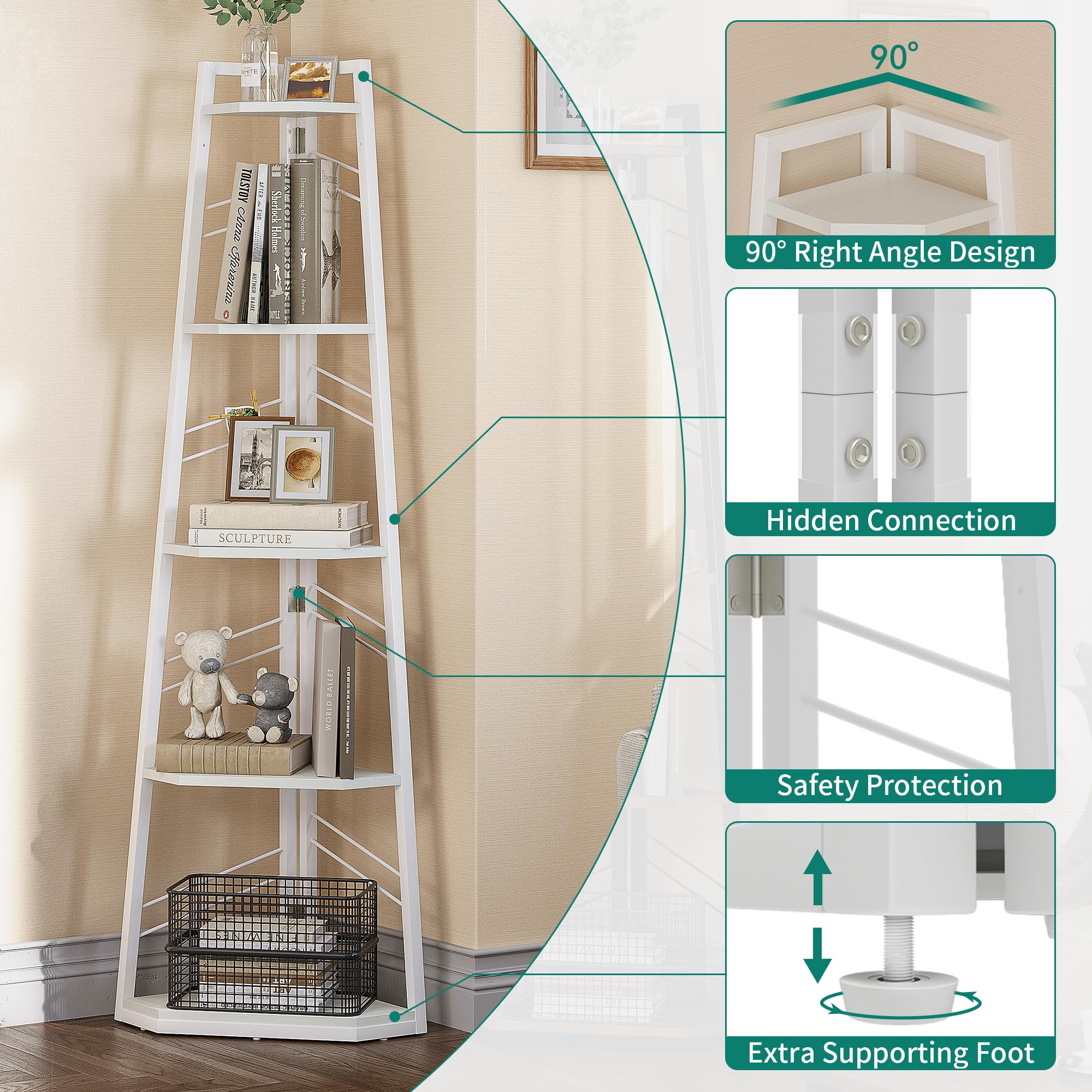 YITAHOME 5-Tier Corner Bookshelf – Industrial Wooden Ladder Shelf, White