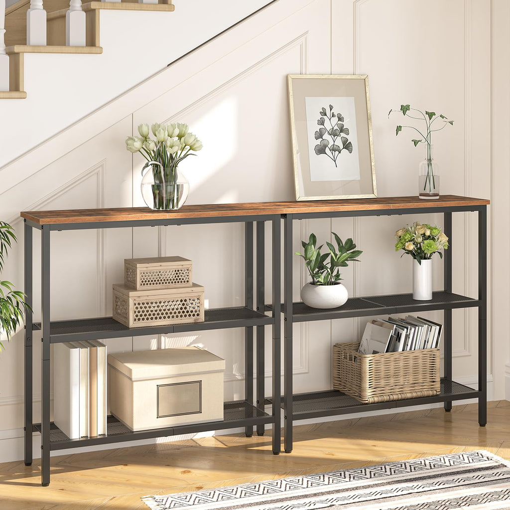 HOOBRO Slim Console Table – 3-Tier Industrial Entryway Table, Rustic Brown