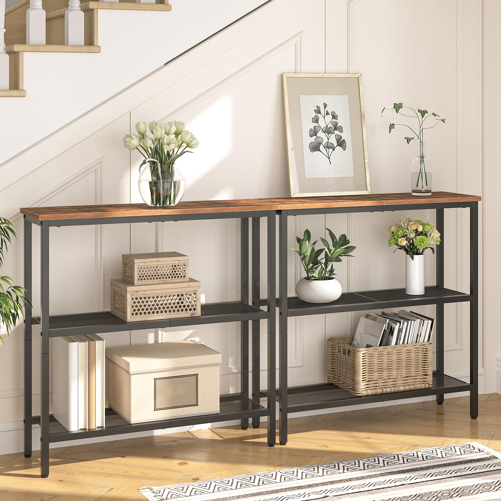 HOOBRO Slim Console Table – 3-Tier Industrial Entryway Table, Rustic Brown