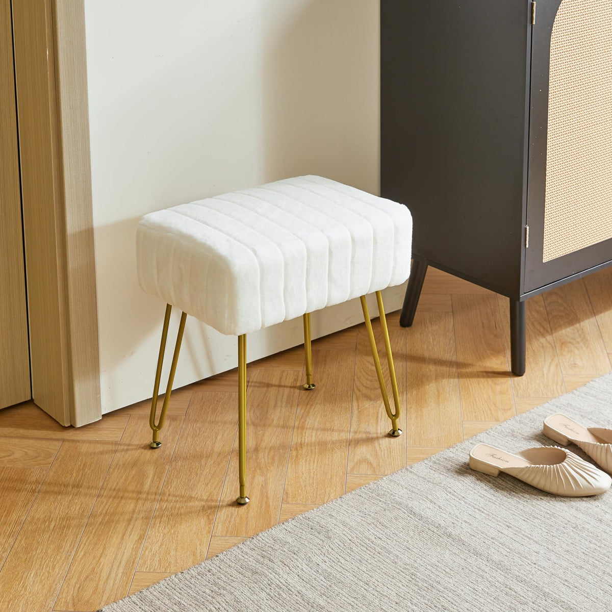 IBUYKE Makeup Vanity Stool, Velvet Rectangular Footrest, White L/G-51W - image 4