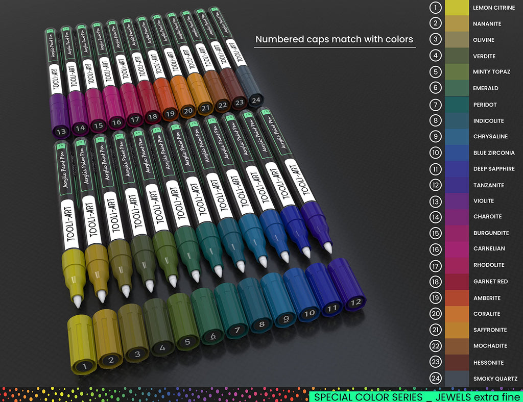 TOOLI-ART Jewel Acrylic Paint Markers – 24 Extra-Fine 0.7mm Pens for Rocks