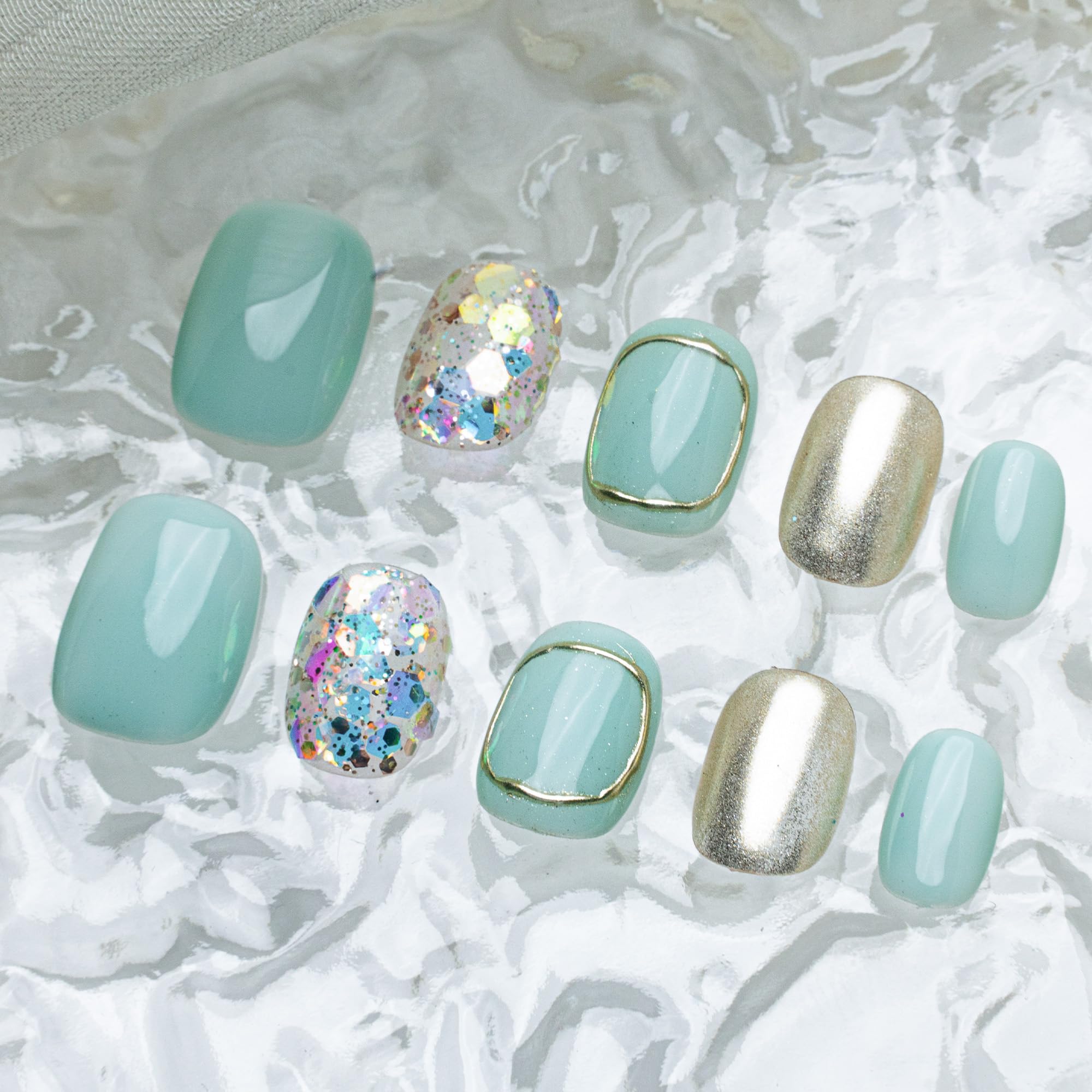 Sun&Beam Nails | Blue & Gold Glitter Handmade Press-on Nails - Short