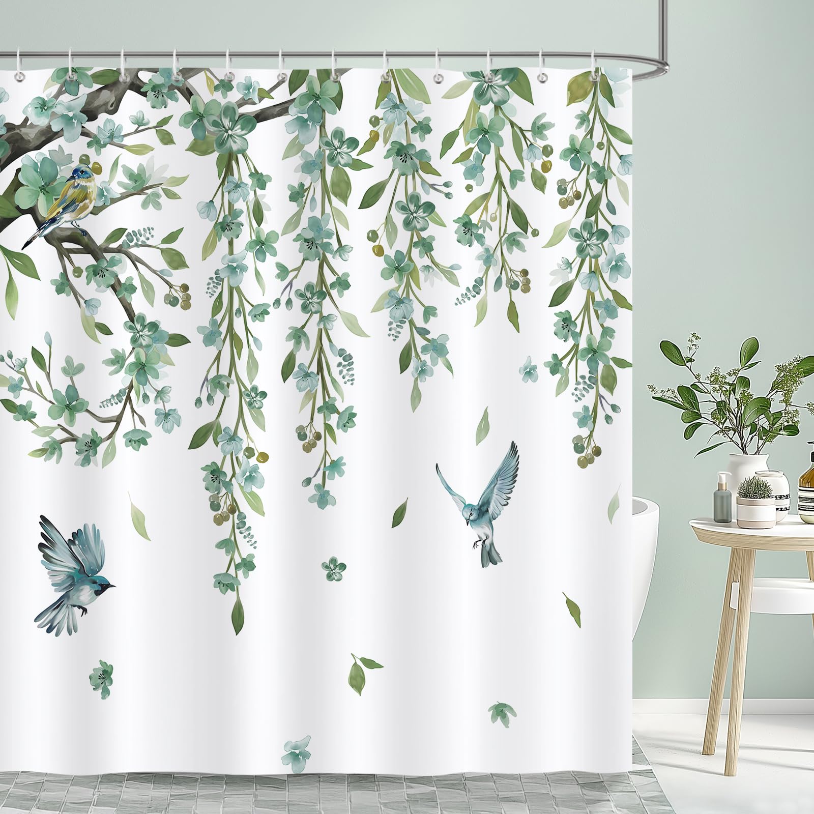 Bonhause Eucalyptus Hummingbird Shower Curtain | Sage Green Waterproof