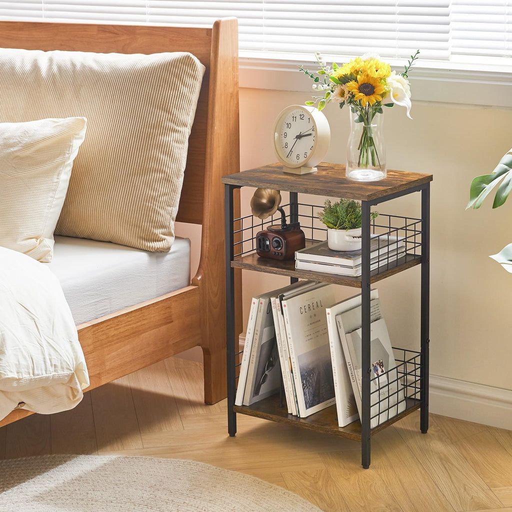 YMYNY 3-Tier Record Player Stand | Industrial Side Table - Rustic Brown