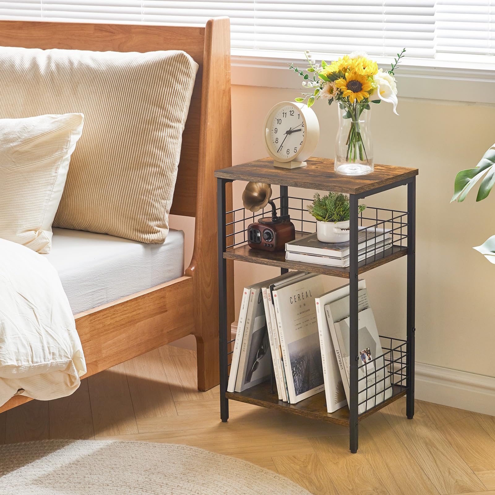 YMYNY 3-Tier Record Player Stand | Industrial Side Table - Rustic Brown