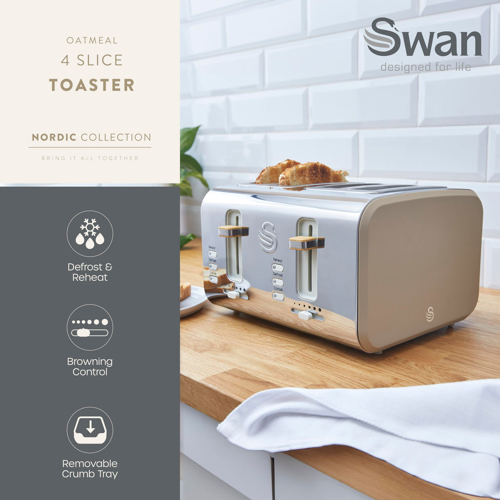 Swan Nordic 4 Slice Toaster – 1500W with 6 Browning Levels, Oatmeal