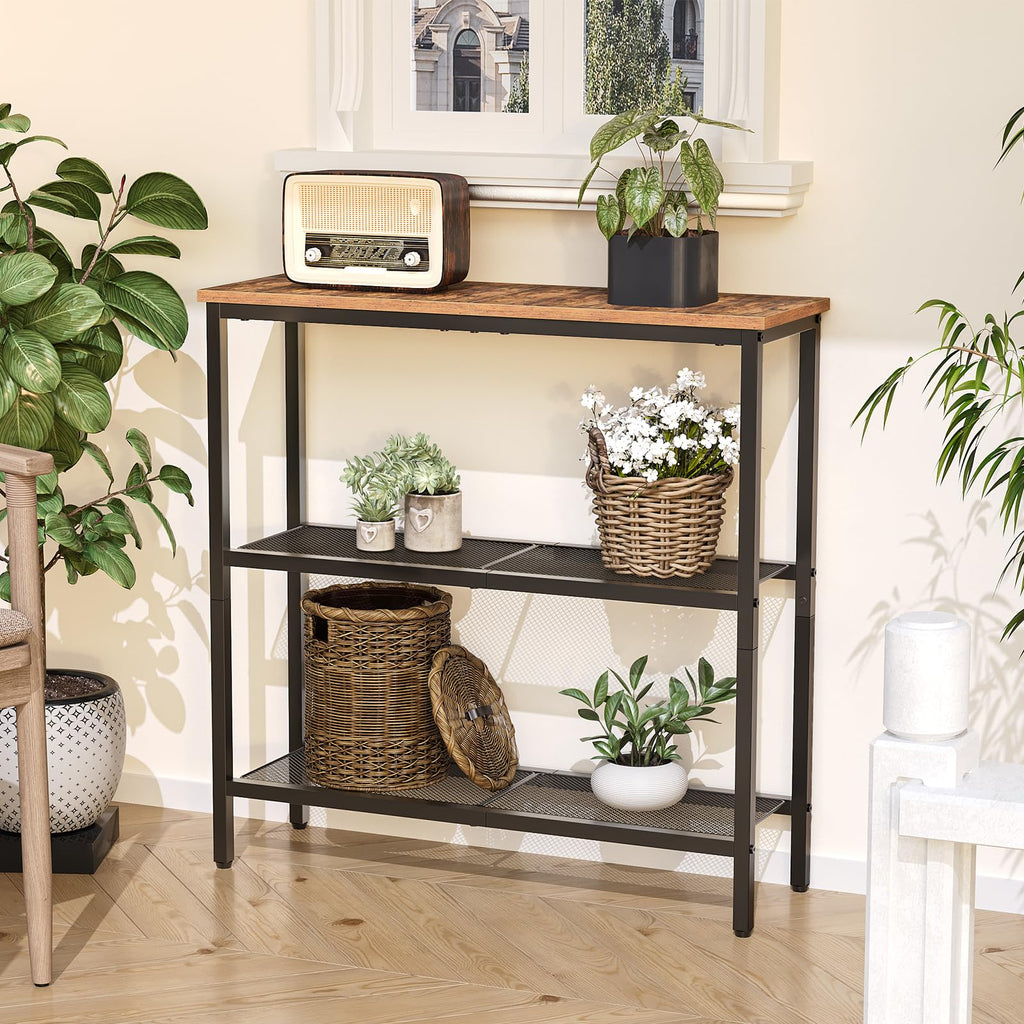 HOOBRO Slim Console Table – 3-Tier Industrial Entryway Table, Rustic Brown
