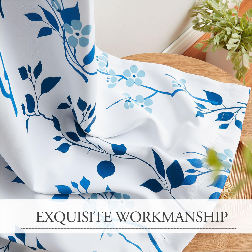 Beauoop Navy Blue Floral Blackout Curtains | Thermal Insulated 90 Inch Drop