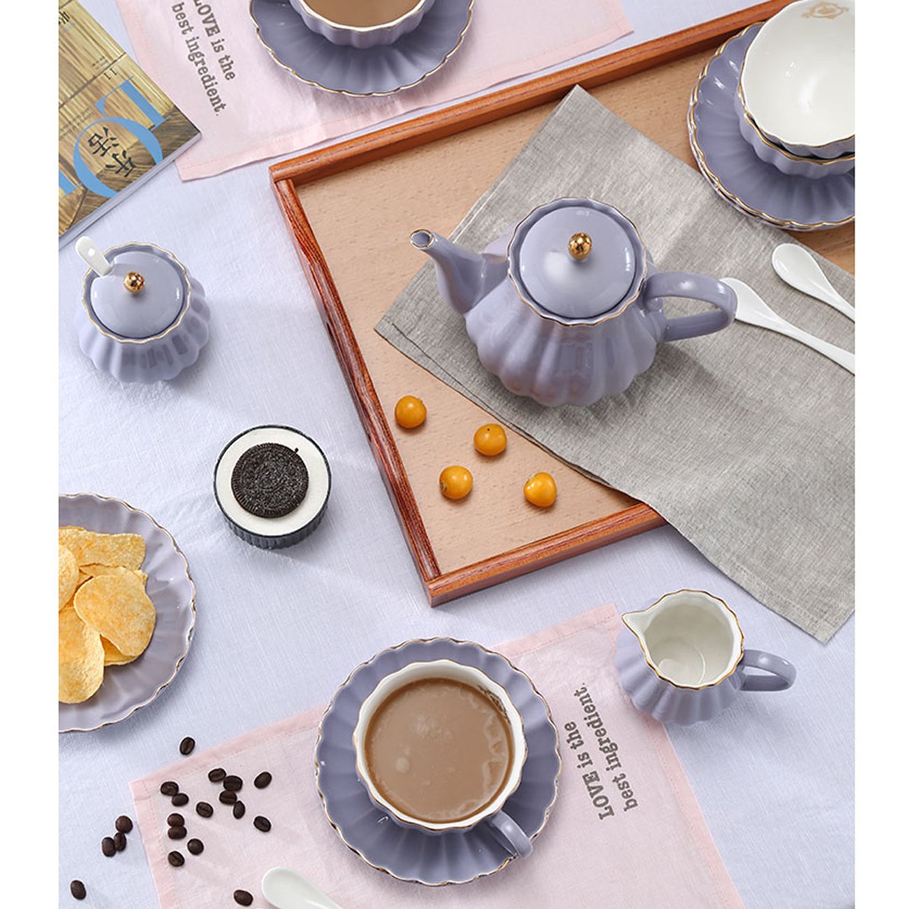 Sweejar Home Royal Porcelain Tea Set - 21-Piece Pumpkin Ceramic Set, Purple