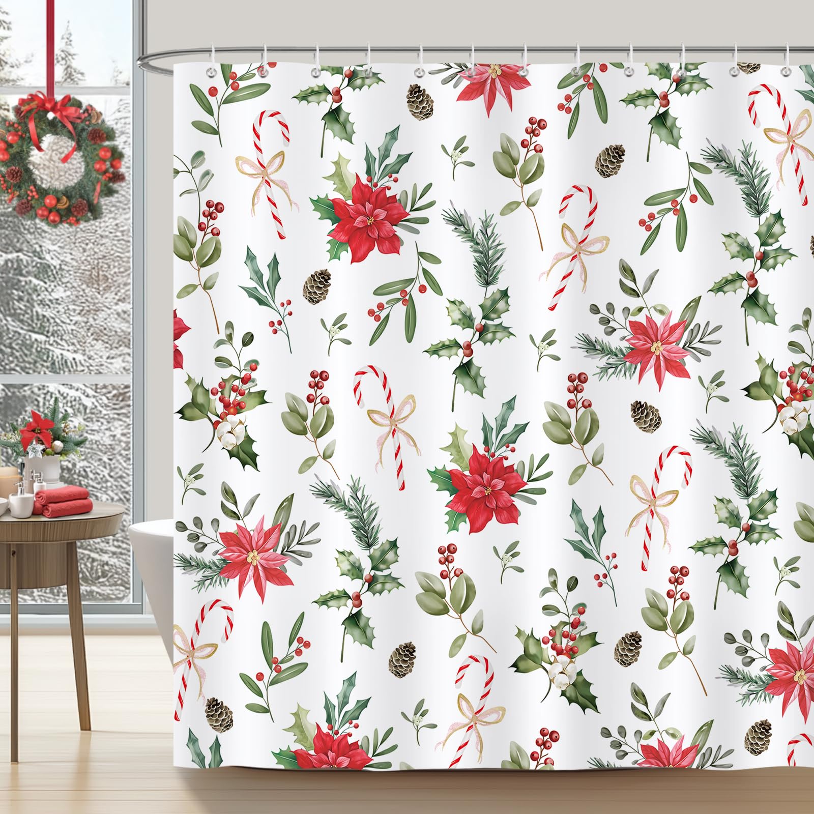 Bonhause Christmas Poinsettia Shower Curtain | Red Floral Waterproof Fabric