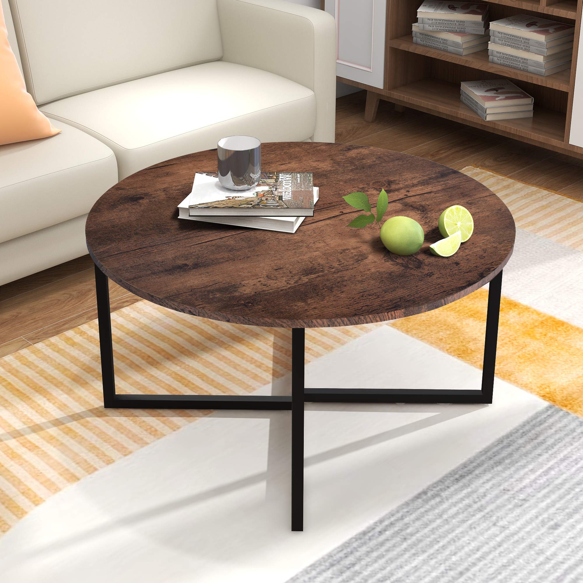 BOFENG Round Coffee Table – Modern Wood and Metal Sofa Tea Table