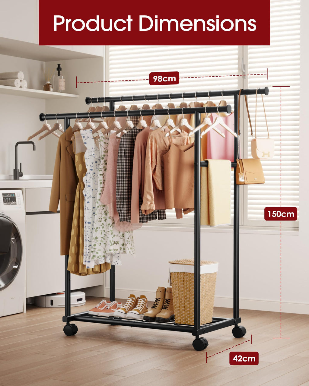 Sakugi Double Rod Clothing Rack with Shelf & Wheels, 98x42x150cm, Black - image 2