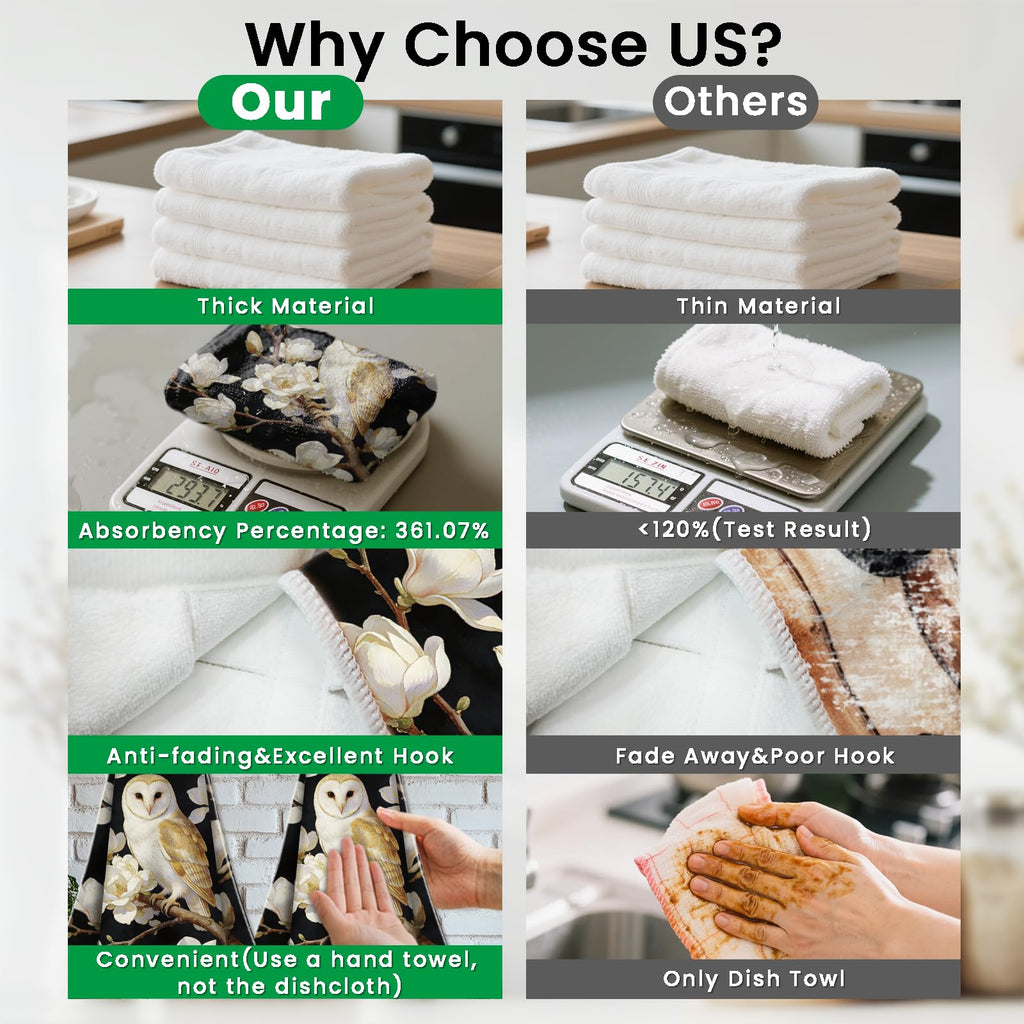 CUTHOLLOW 2 Pcs Owl and White Magnolia Hanging Kitchen Towels with Loop - image 3