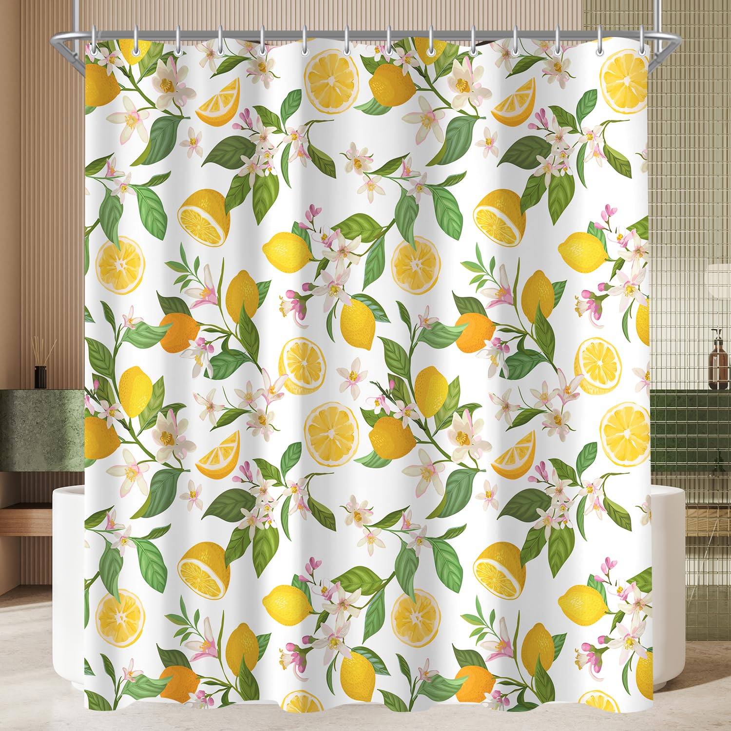 Lemon Leaves Shower Curtain – Anti-Mould Polyester, 150x200cm