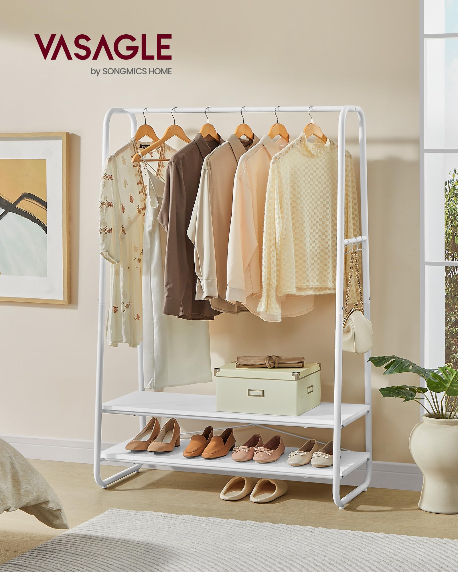 VASAGLE Clothes Rail – Industrial Garment Rack with 2 Shelves & 6 Hooks