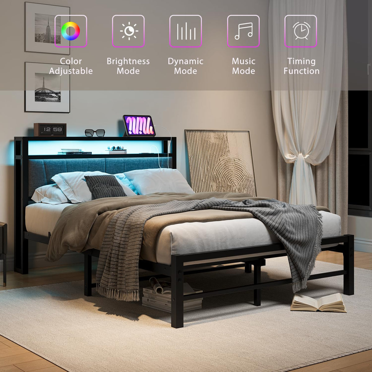 BORPHOM Double Bed Frame with Storage and LED Lights,4ft6 Metal Platform Bed Frame Double Size Bed Base with Charging Station,Mattress Base,Strong - image 4