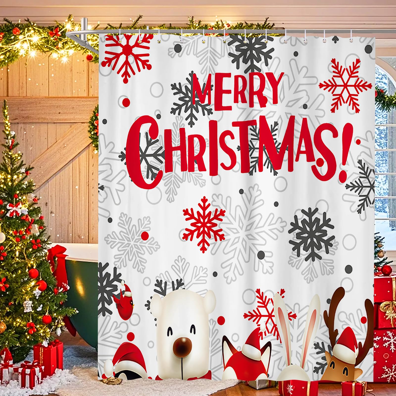 Jolof Store Christmas Shower Curtain | 3D Festive Polyester with 12 Hooks