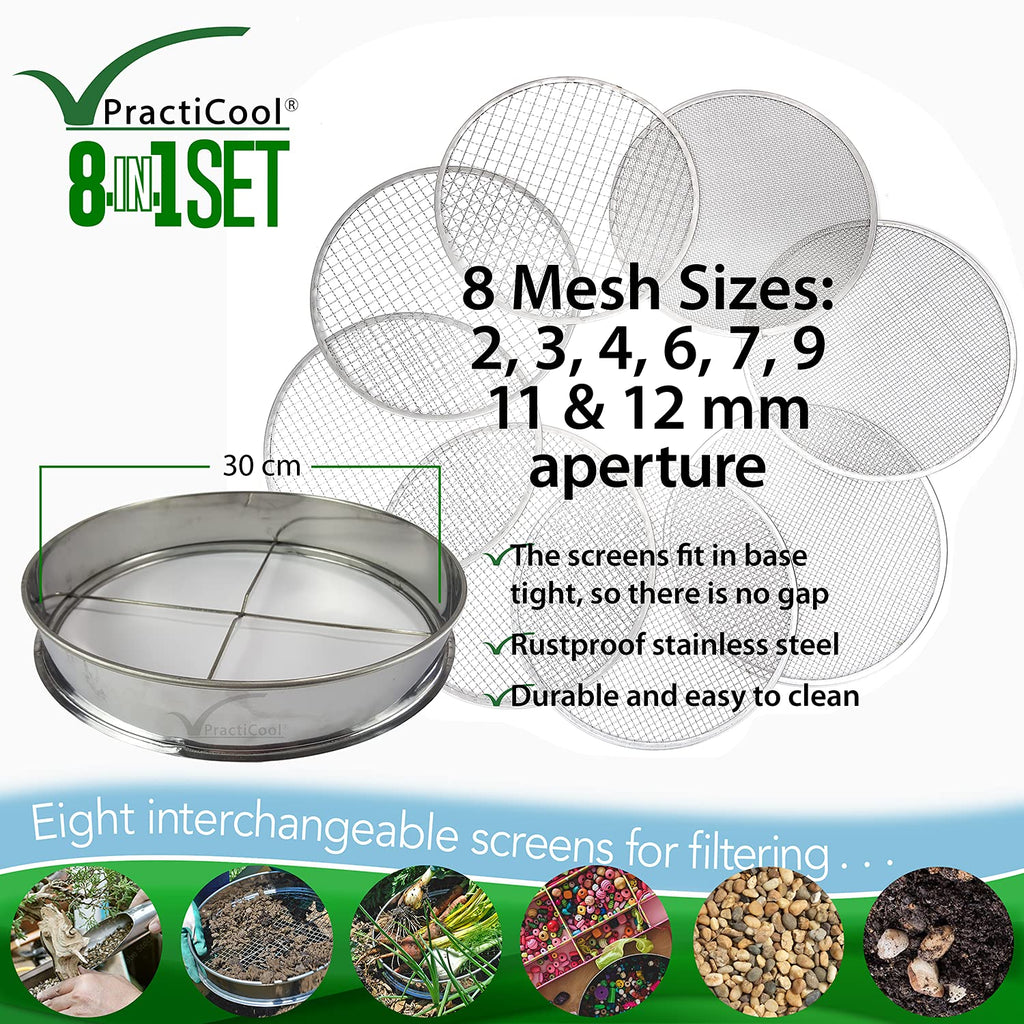 Practicool Stainless Steel Garden Sieve – 8 Mesh Sizes Soil Riddle