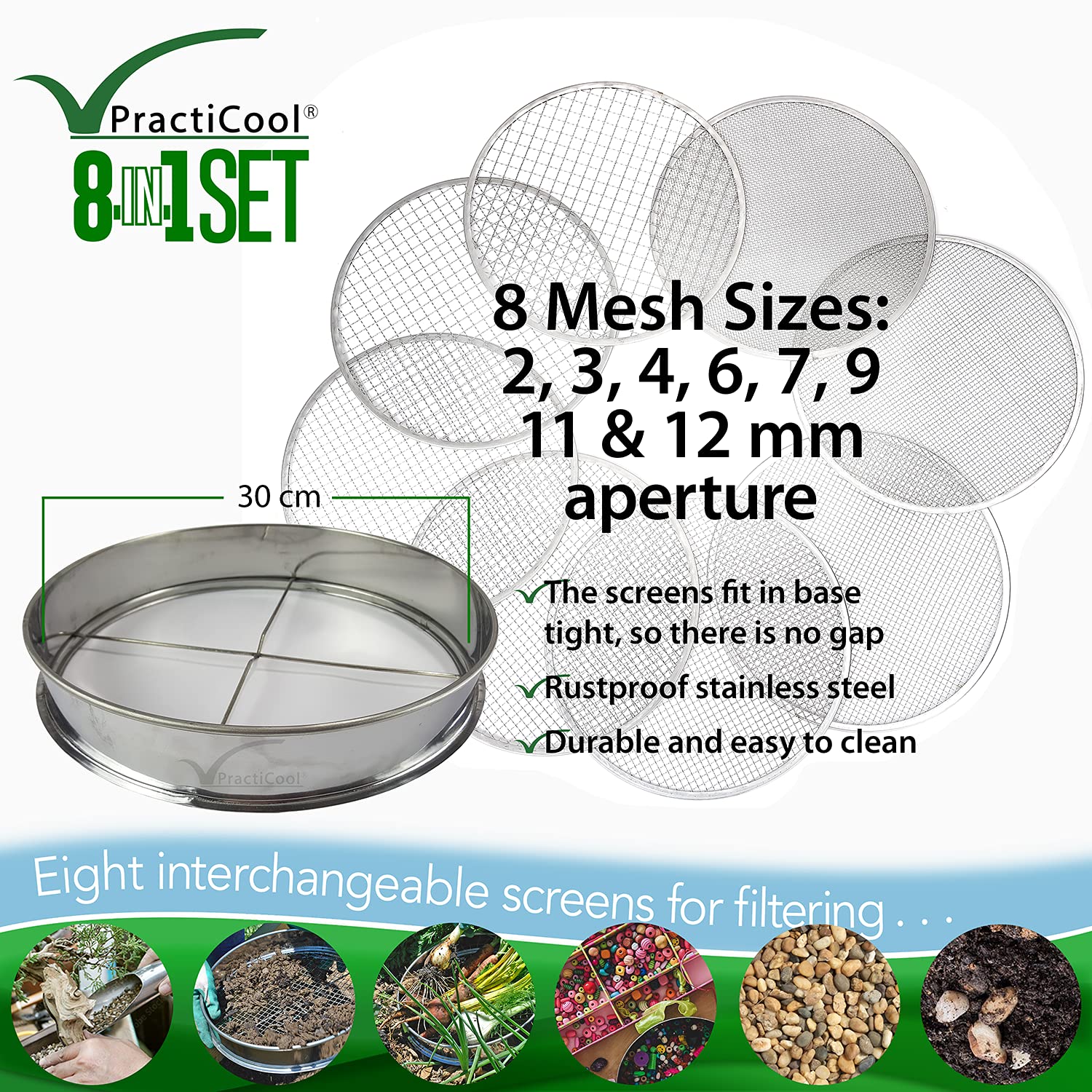 Practicool Stainless Steel Garden Sieve – 8 Mesh Sizes Soil Riddle