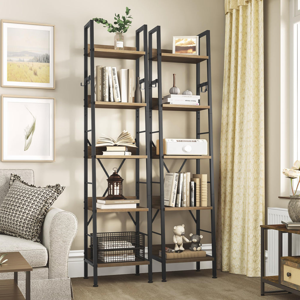 YITAHOME 5-Tier Industrial Ladder Shelf – Narrow Wooden & Metal Bookcase