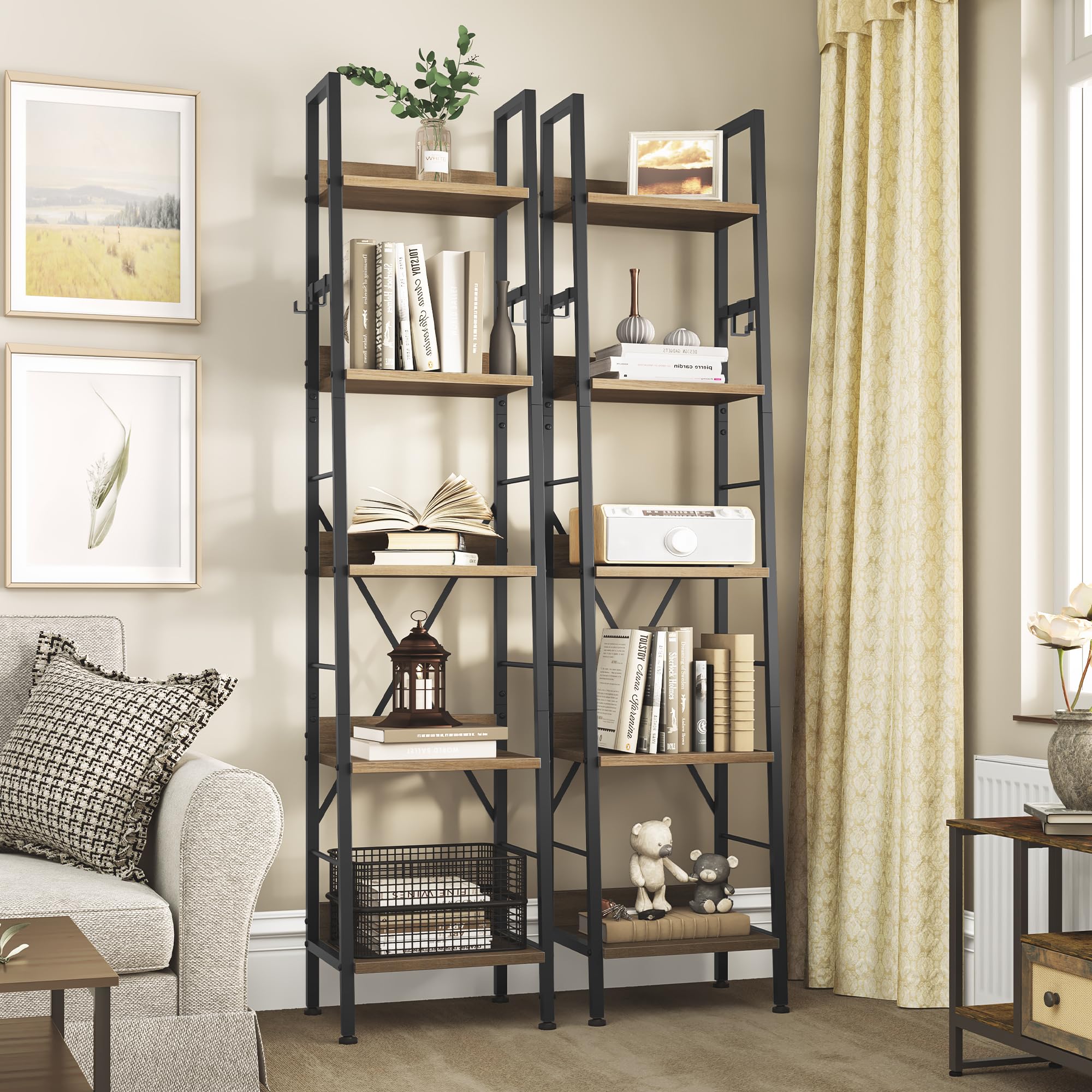 YITAHOME 5-Tier Industrial Ladder Shelf – Narrow Wooden & Metal Bookcase