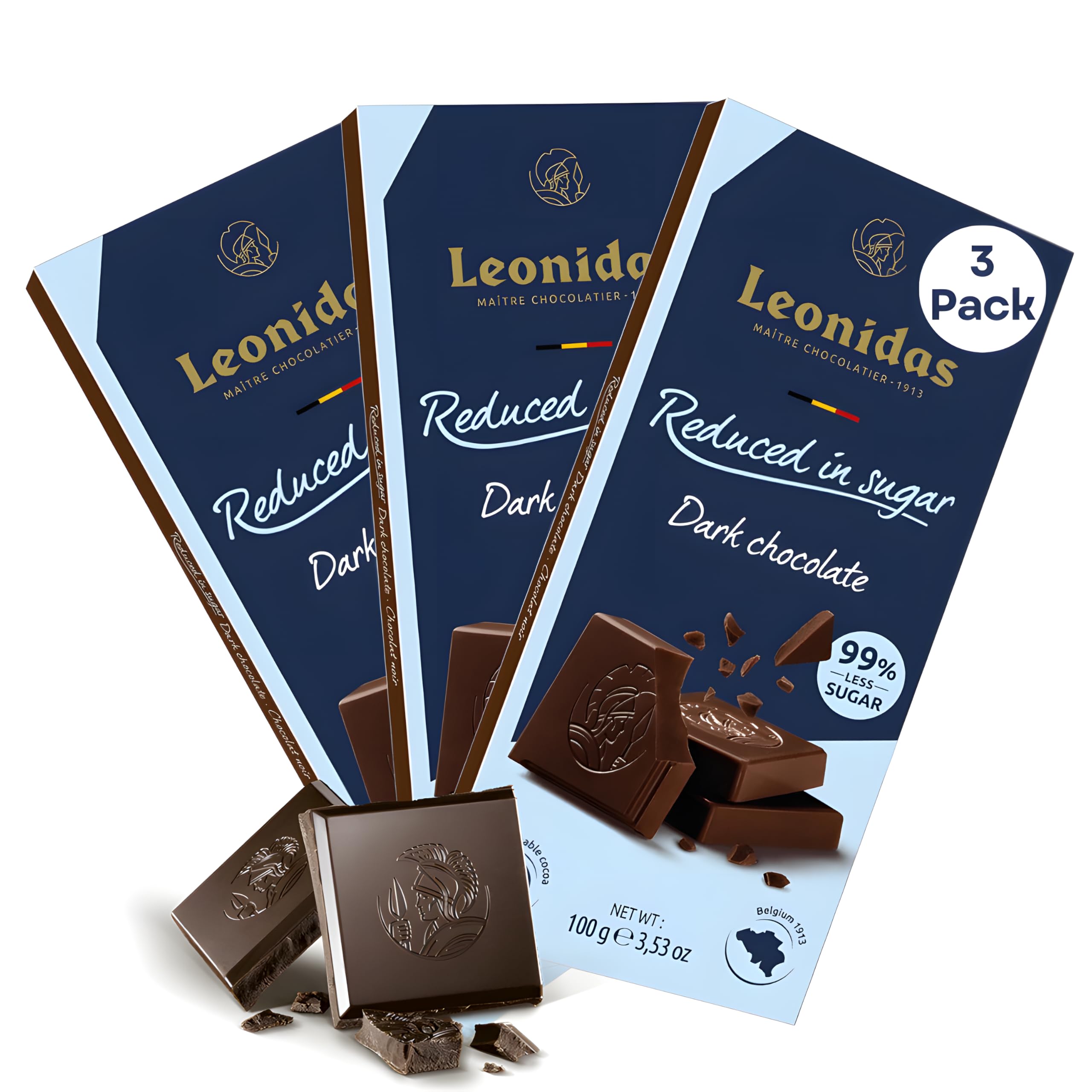 Leonidas Belgian Dark Chocolate Tablet 3-Pack – Reduced Sugar Bars