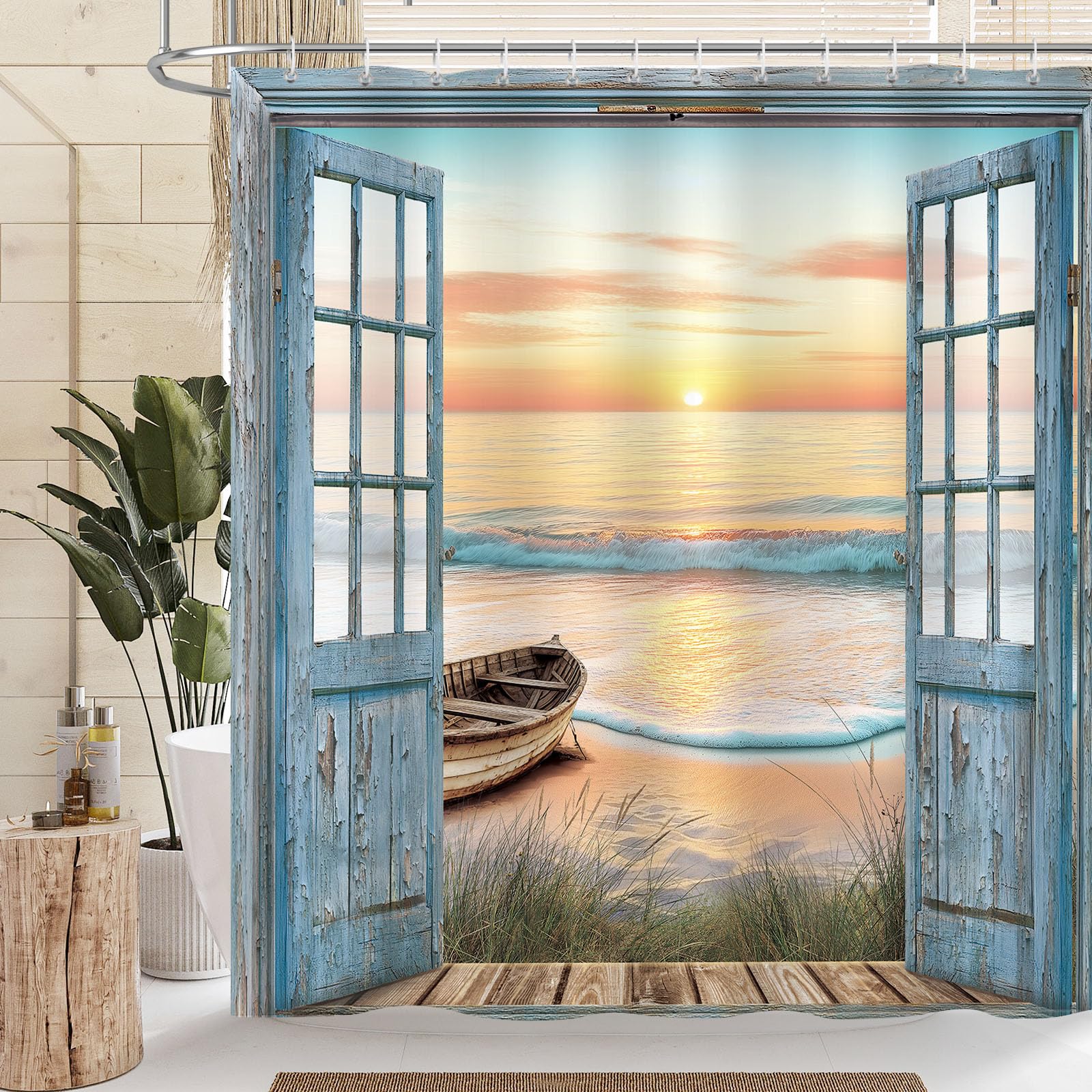 Jolof Store Ocean Beach Shower Curtain | Vintage Coastal Scene 180x180cm