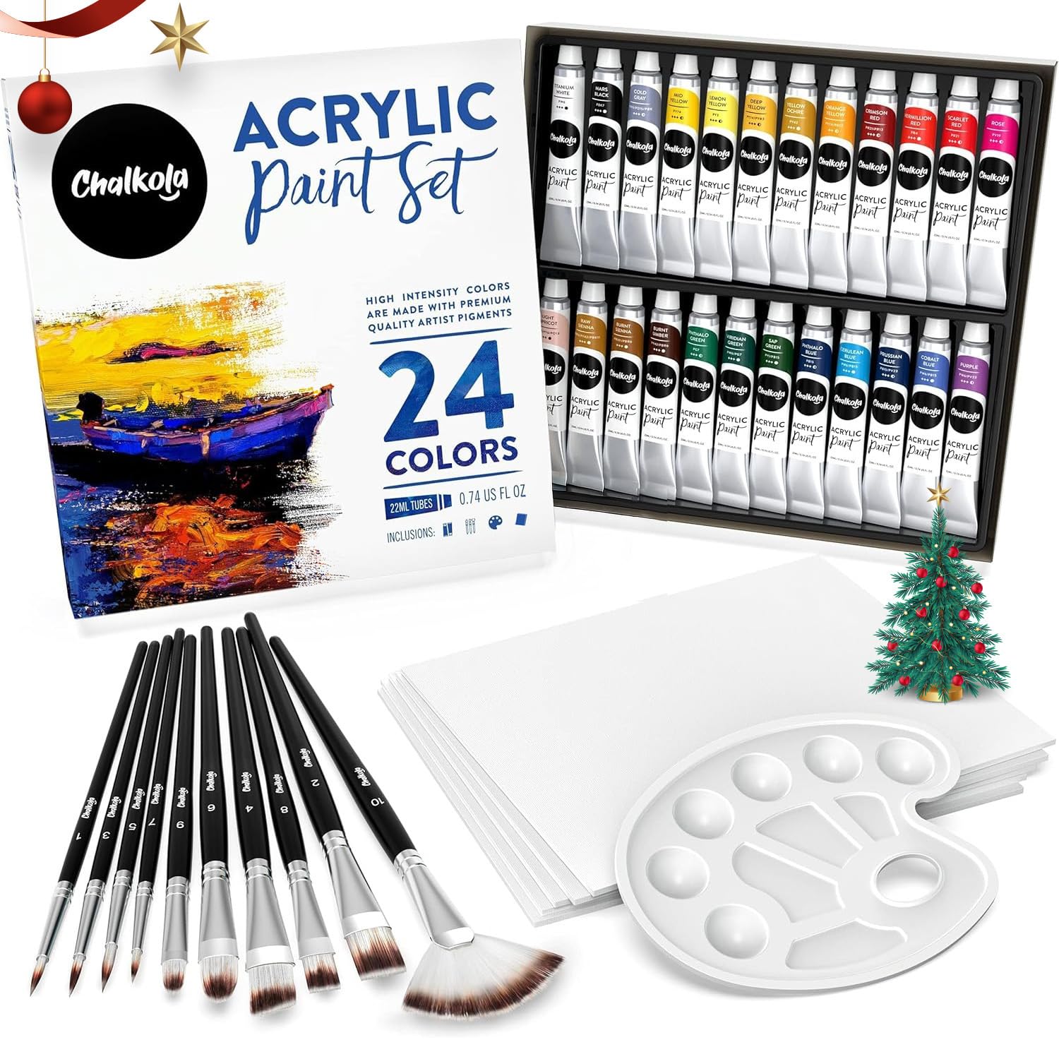 Chalkola 40-Piece Acrylic Paint Set with 24 Paints, 10 Brushes & 5 Canvases