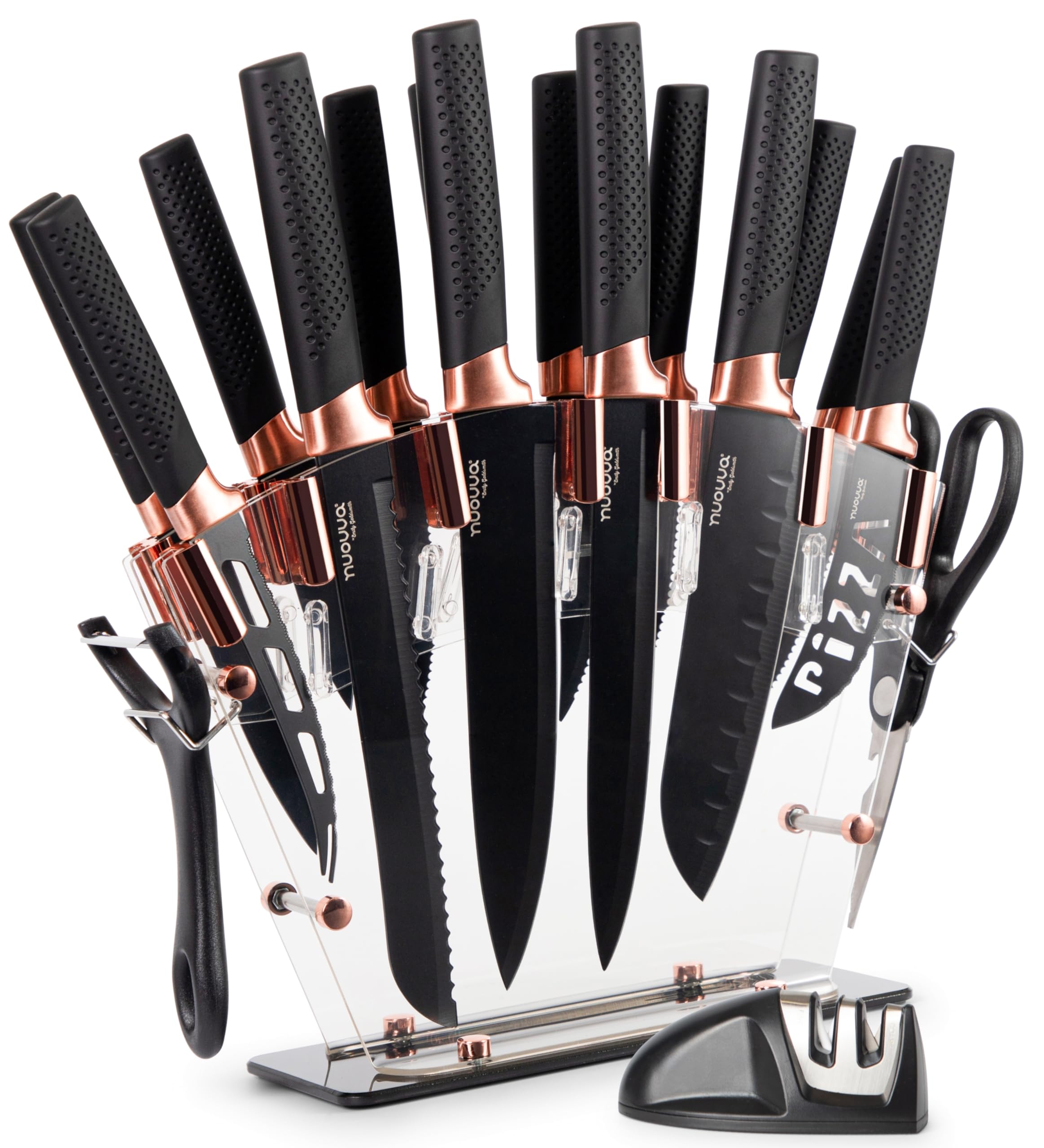 Nuovva 17-Piece Kitchen Knife Set with Block | Copper Stainless Steel