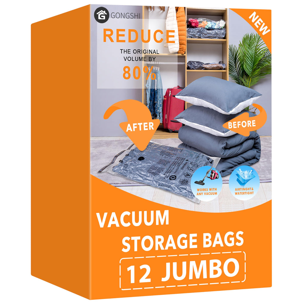 Vacuum Storage Bags 12 x Jumbo, Space Saver Sealer Compression Bags for Blankets, Comforters, Pillows, Clothes Storage