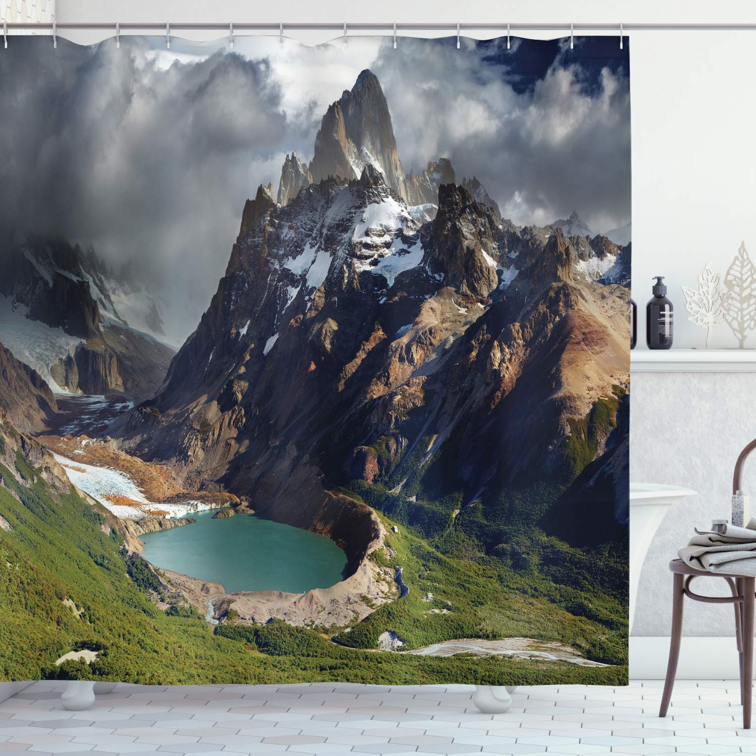 ABAKUHAUS Landscape Shower Curtain | Extra Long Fabric Bathroom Decor Set