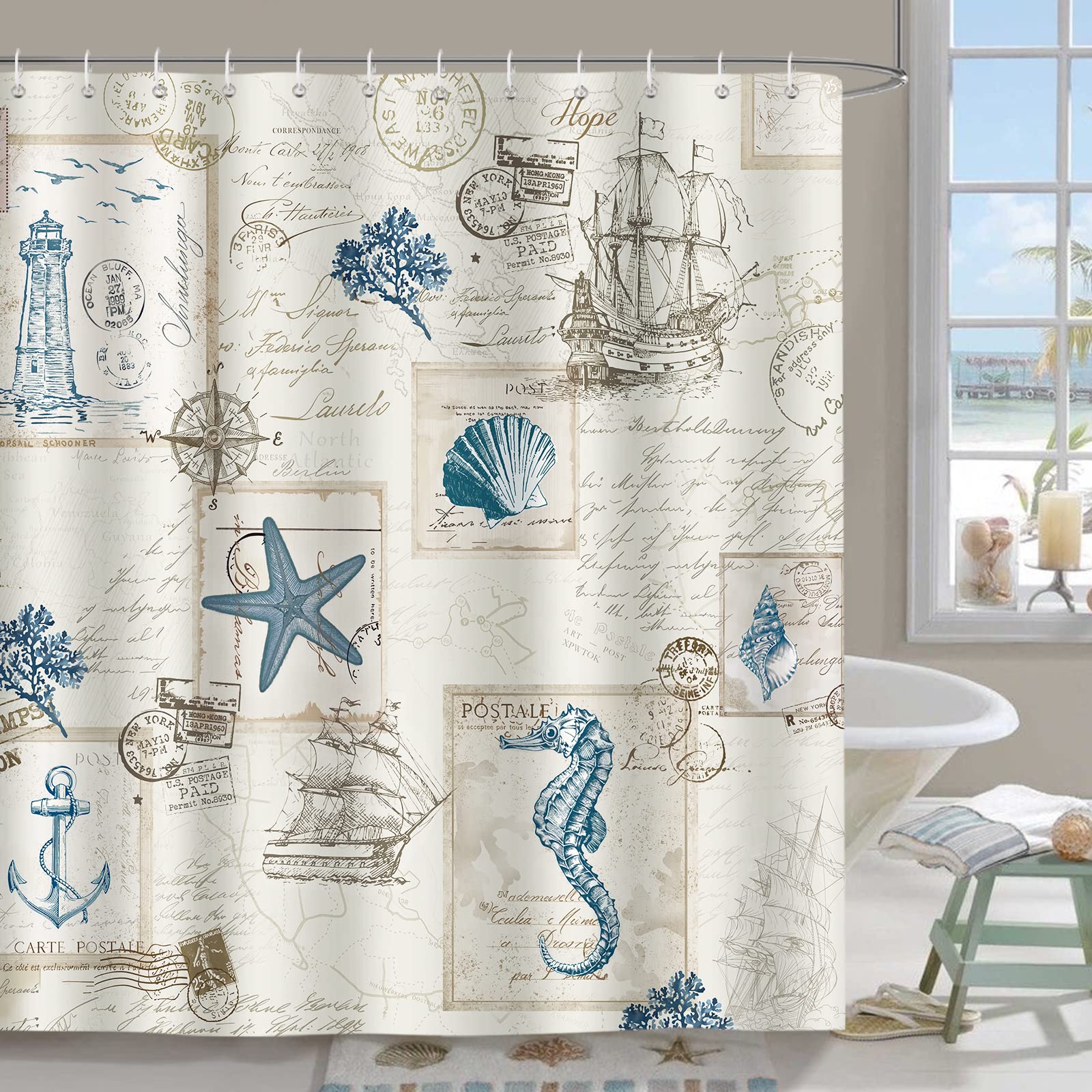 Bonhause Nautical Shower Curtain | Vintage Coastal Polyester | 180x200cm