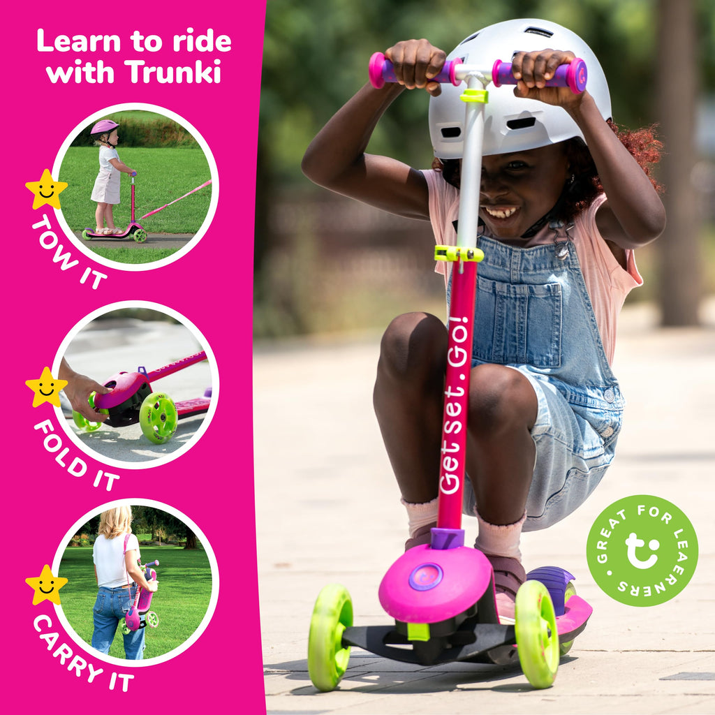 Trunki Pink 3-Wheel Kids Scooter – Foldable with Tow Strap and Bag