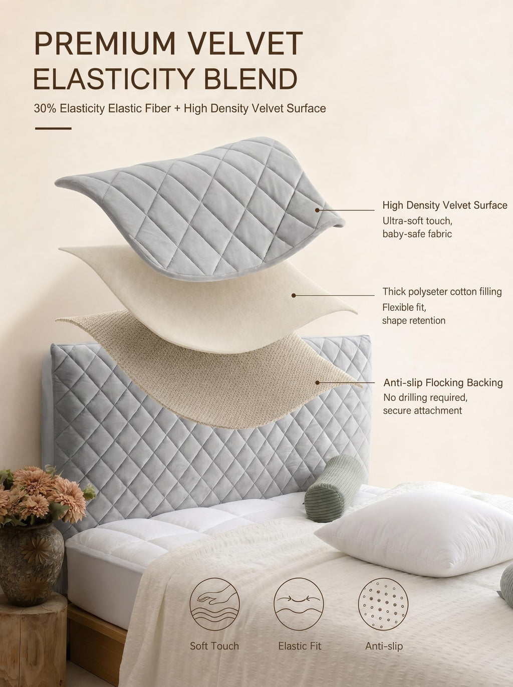 Bed Headboard Slipcover Quilted Thicken Protector Light grey,120x70cm - image 4