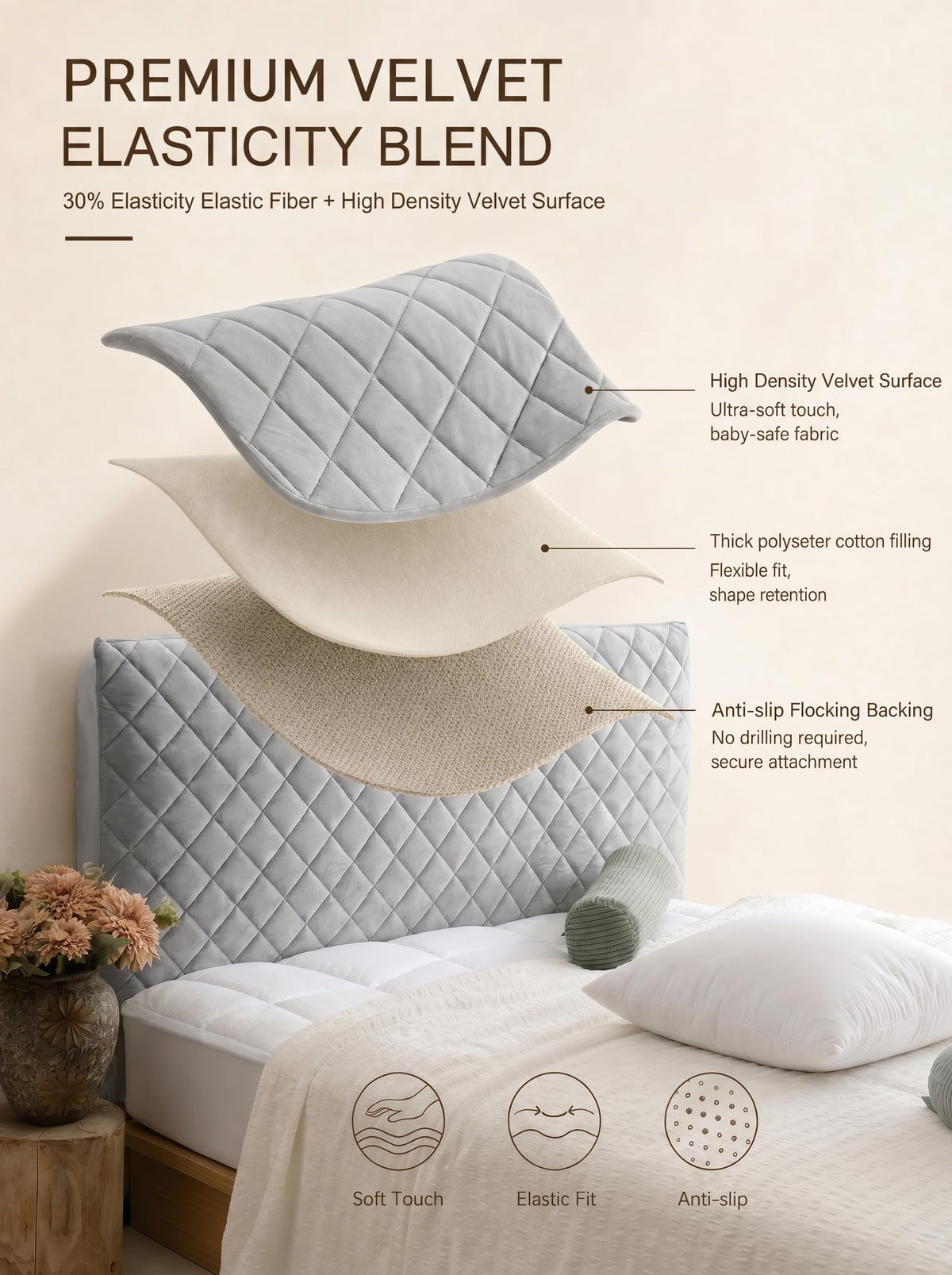 Bed Headboard Slipcover Quilted Thicken Protector Light grey,120x70cm - image 4
