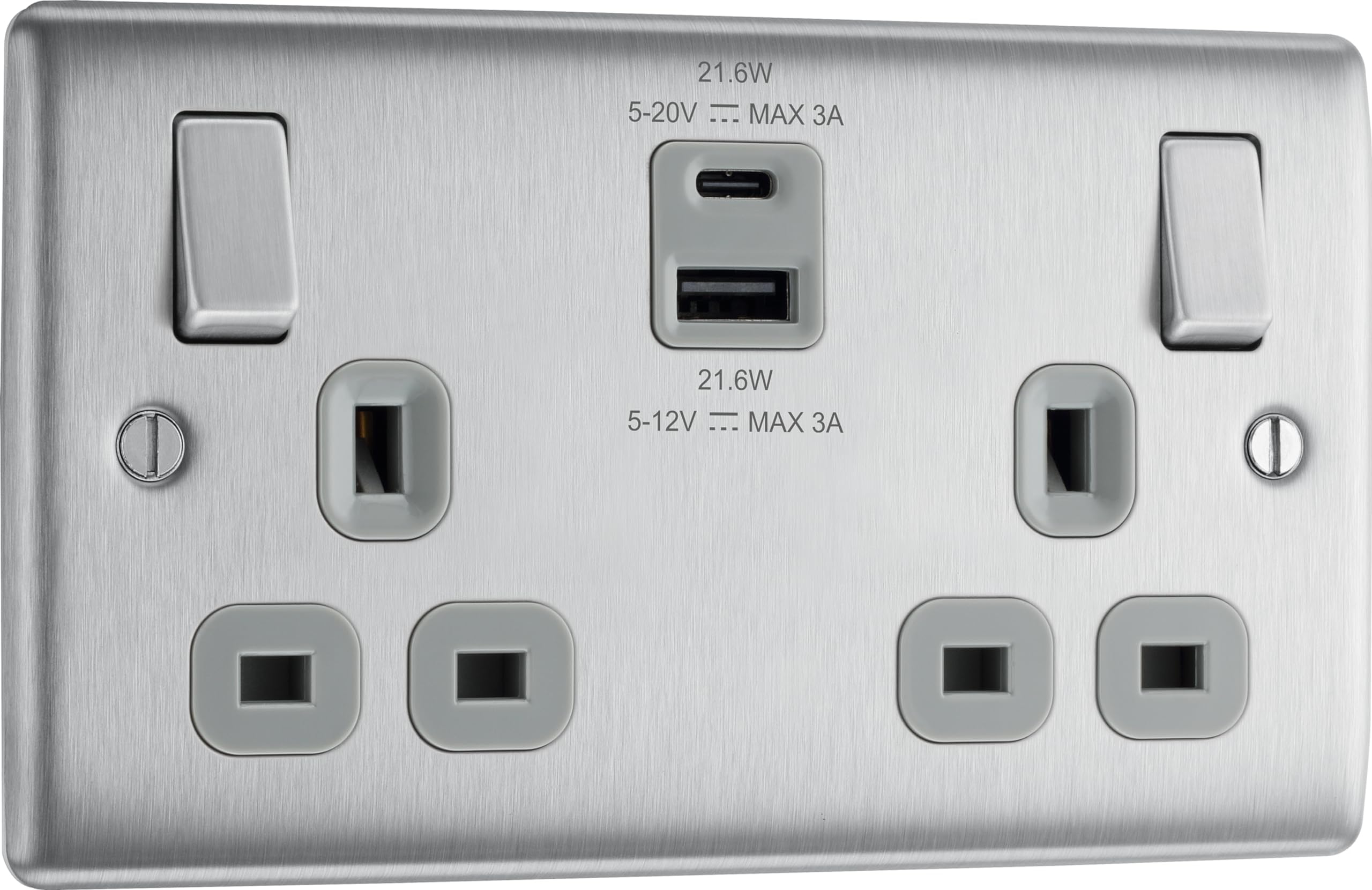 BG Electrical Double Switched Socket | Brushed Steel USB A & C