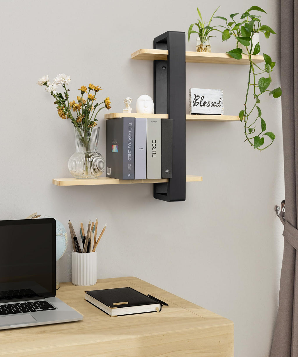 SUMGAR Pine Wood Floating Shelves | 3-Tier 50CM Wall Mounted Shelving