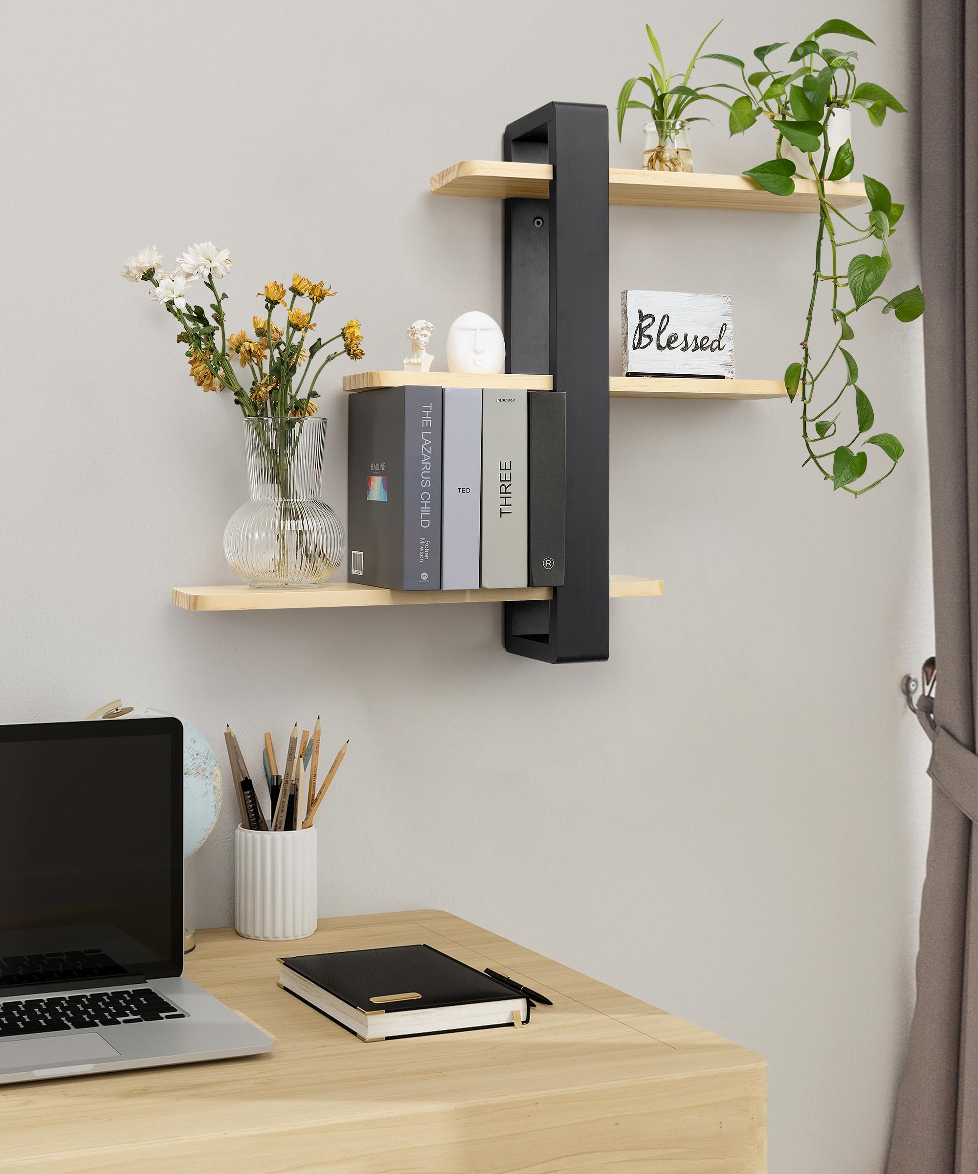 SUMGAR Pine Wood Floating Shelves | 3-Tier 50CM Wall Mounted Shelving