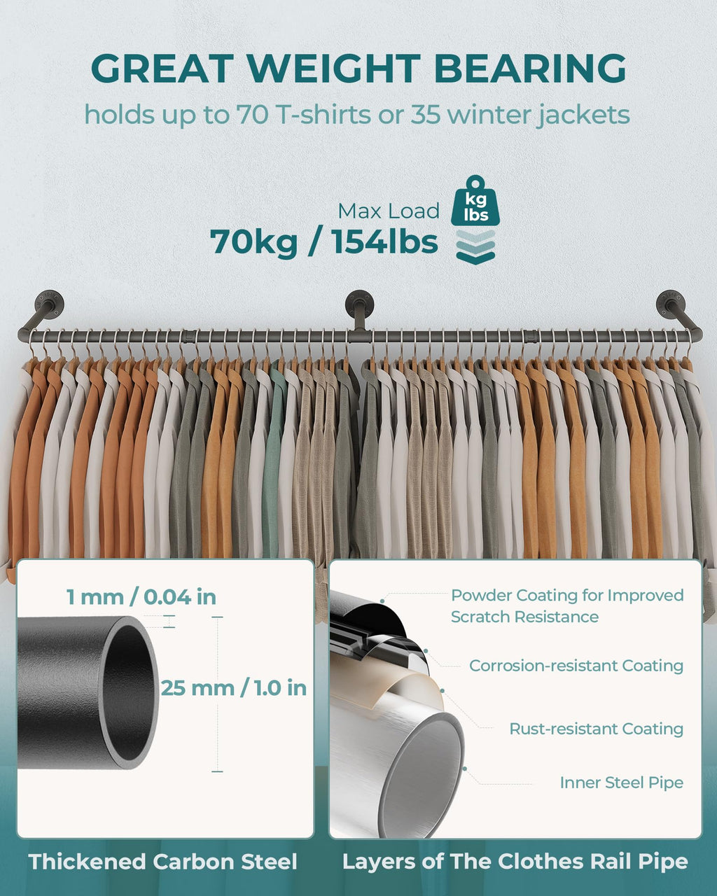 OROPY Industrial Pipe Clothes Rail | 167cm Heavy Duty Wall Mounted Rack