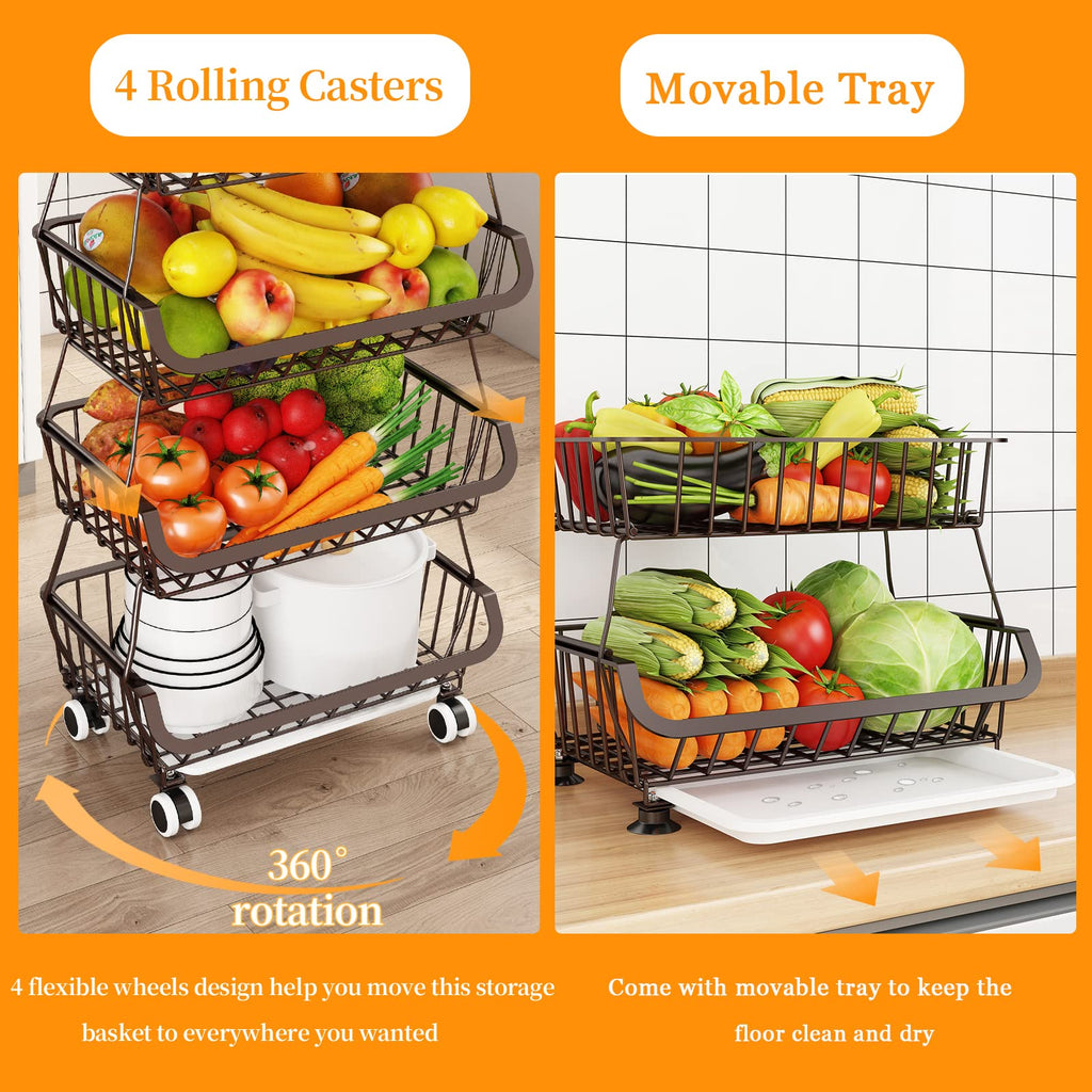 Jolof Store 4-Tier Stackable Metal Wire Fruit Basket Cart with Wheels